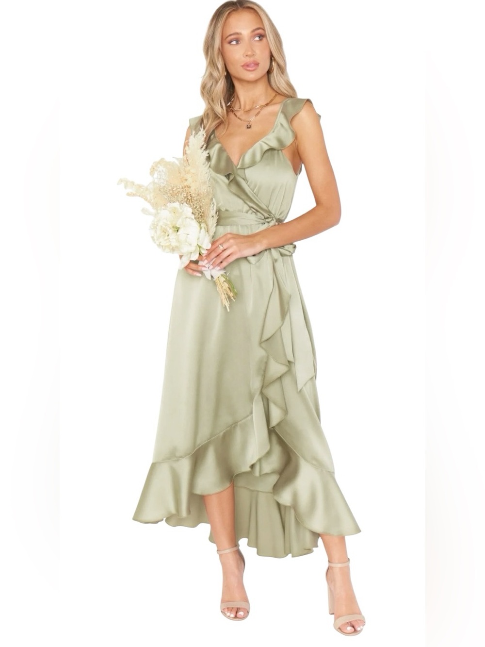 Show Me Your Mumu Samantha Ruffle Wrap Dress Womens XXS Moss Green Luxe Satin